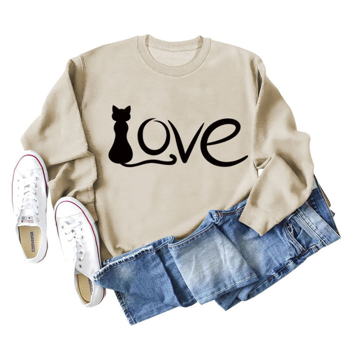 Love Cute Cat Letter Round Neck Fashion Autumn and Winter Long Sleeve Large Sweater