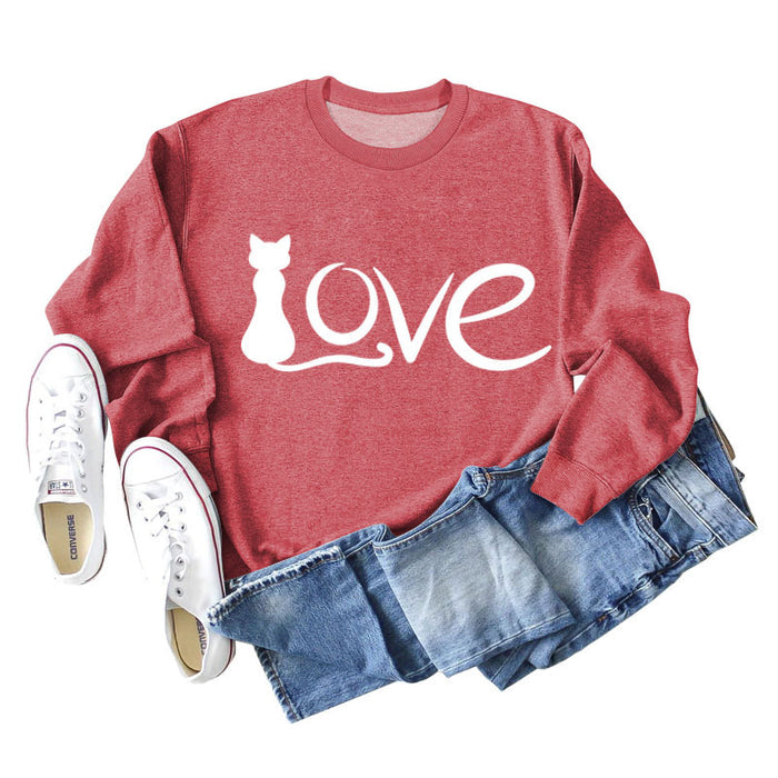 Love Cute Cat Letter Round Neck Fashion Autumn and Winter Long Sleeve Large Sweater