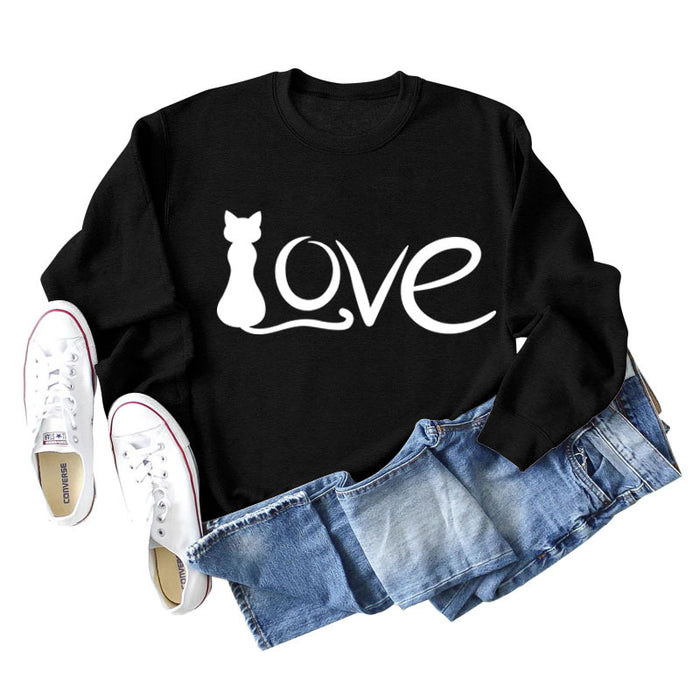 Love Cute Cat Letter Round Neck Fashion Autumn and Winter Long Sleeve Large Sweater