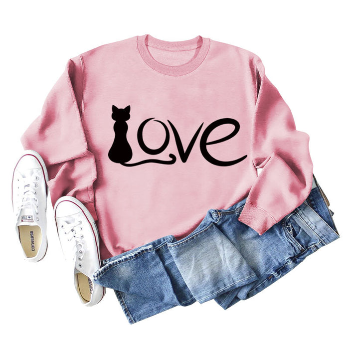 Love Cute Cat Letter Round Neck Fashion Autumn and Winter Long Sleeve Large Sweater
