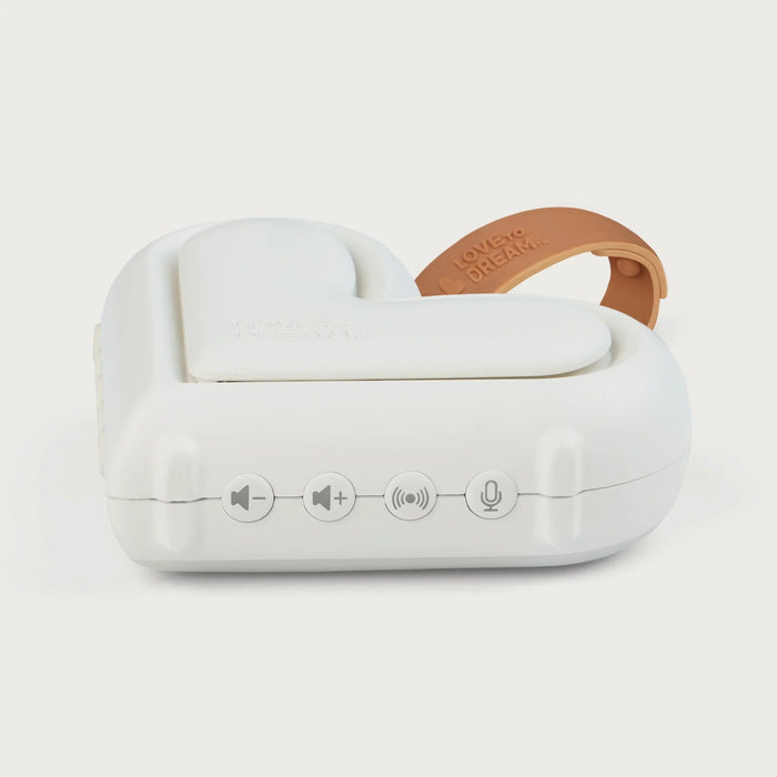 White sound machine with leather handle for Dream Sleep Machine and baby strollers setup