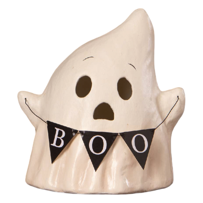 Bethany Lowe Designs Luminary Boo with Banner paper mache Halloween ghost with cutout face and miniature BOO banner.