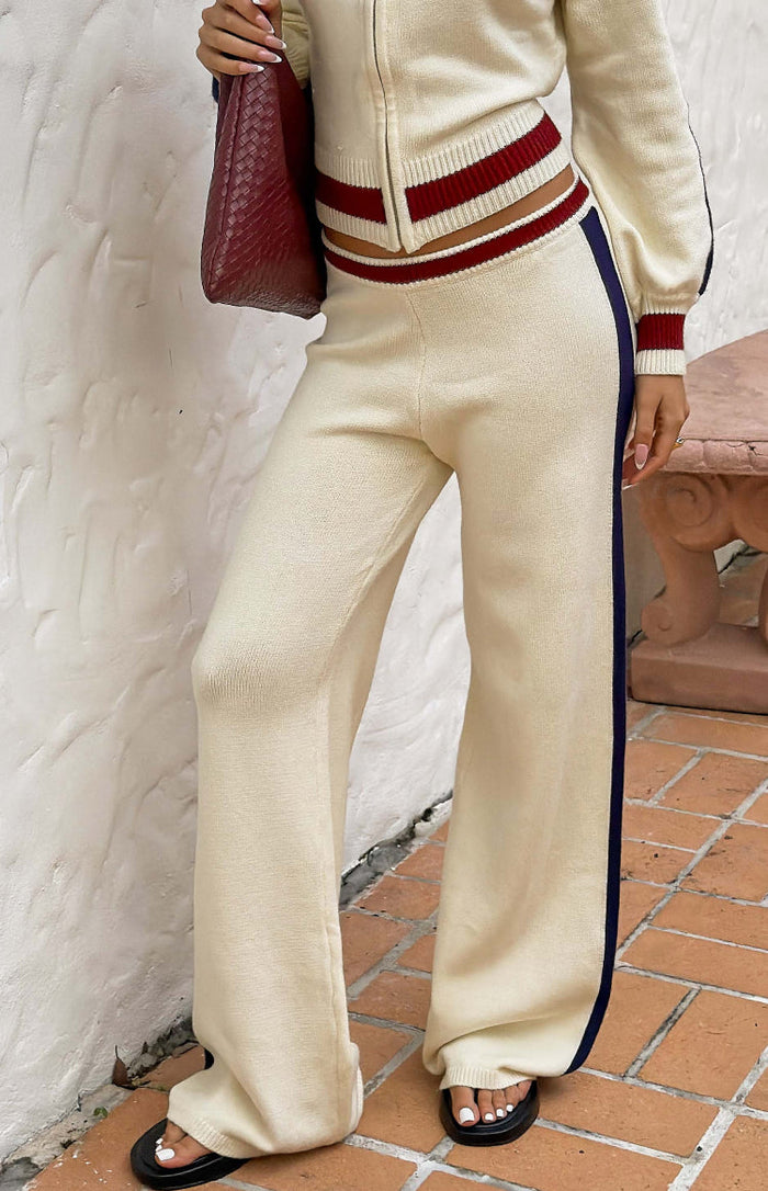 Beginning Boutique Luna Cream Knit Jacquard Track Pants cream knit wide-leg track pants with navy side stripe