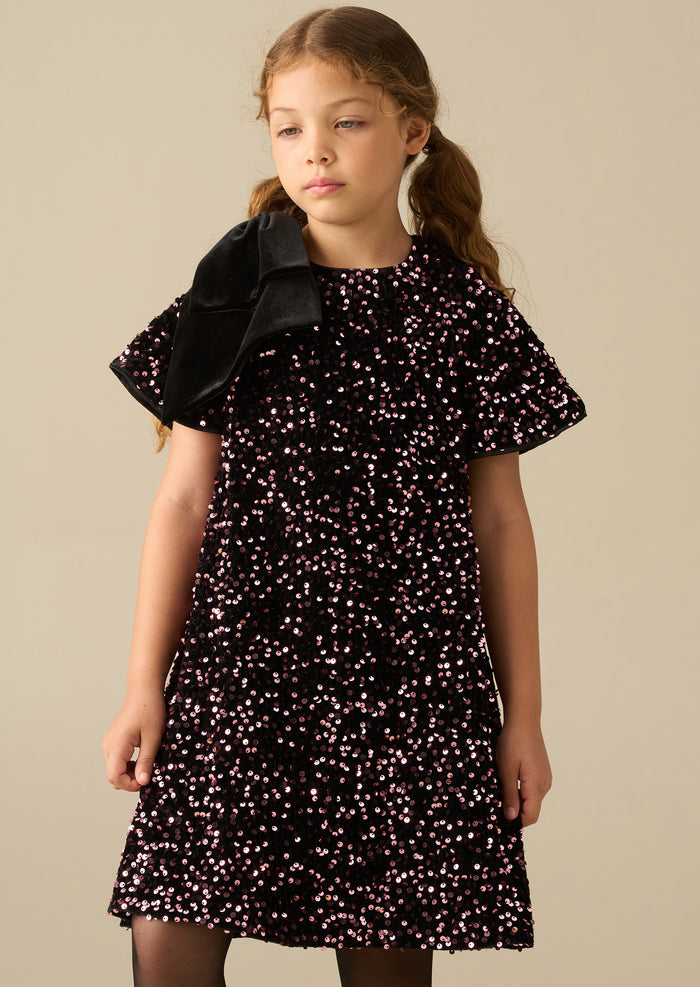 Macie Bow Shoulder Sequin Dress
