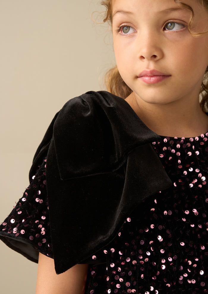 Macie Bow Shoulder Sequin Dress