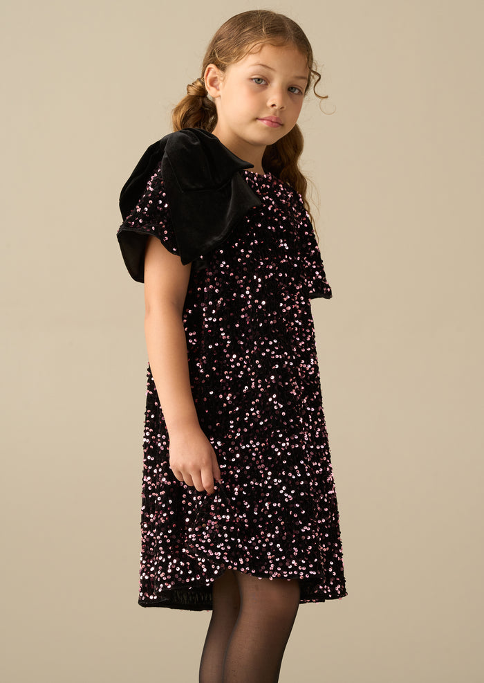 Macie Bow Shoulder Sequin Dress