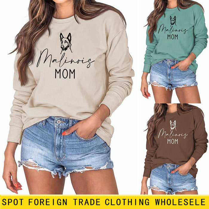 Malinois Mom Letters Puppy Print Fashion Loose Long Sleeve Oversize Sweater