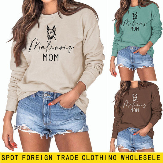 Malinois Mom Letters Puppy Print Fashion Loose Long Sleeve Oversize Sweater