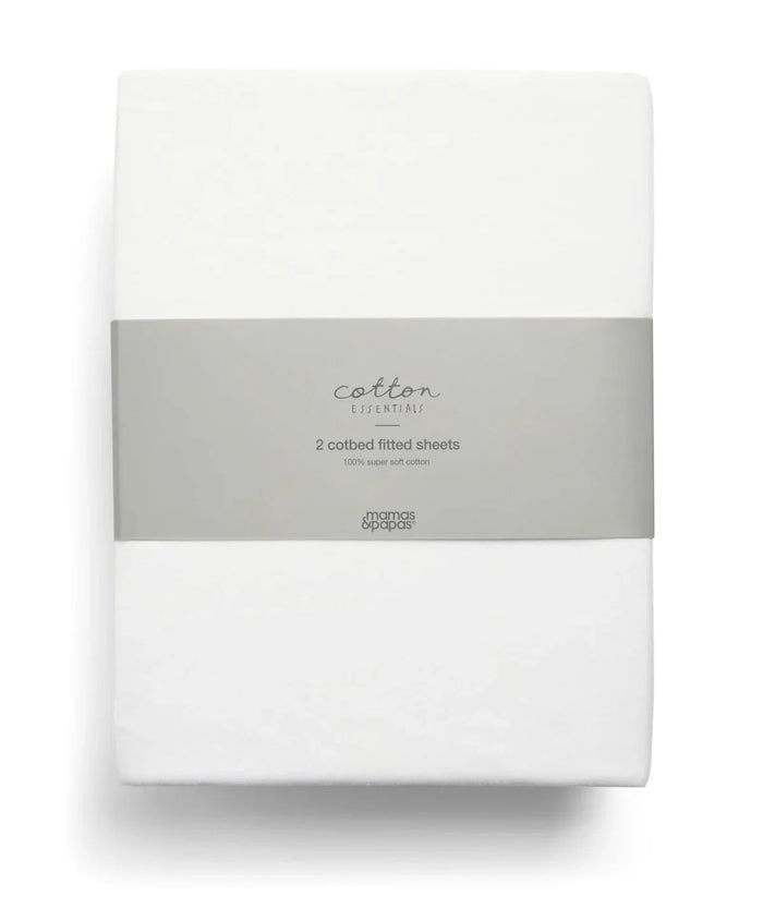 Packaged white cotton fitted sheets for papas cotbed, gentle on toshi baby’s skin