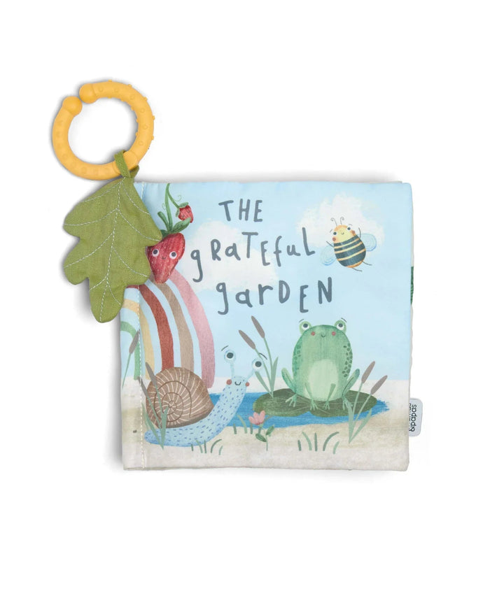 Fabric baby book with grateful garden theme, perfect as an interactive activity book for babies and compatible with baby strollers