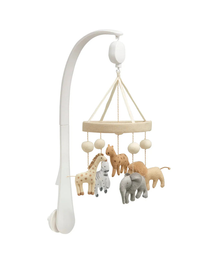 Safari-themed musical cot mobile with toshi baby and handcrafted mobile features