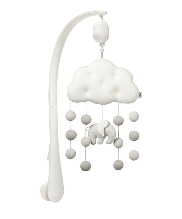 White baby mobile with cloud elephant and ball accents for Mamas & Papas musical cot mobile