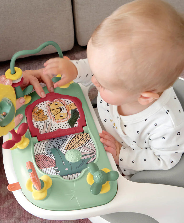 Baby activity center with animal toys from Mamas & Papas Snug Floor Seat in Pebble Grey, perfect for baby strollers fans