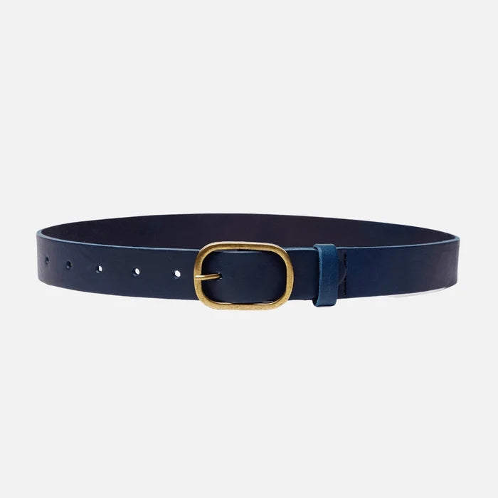 Marin Gold Oval Buckle Design Statement Leather Belt Women - Navy