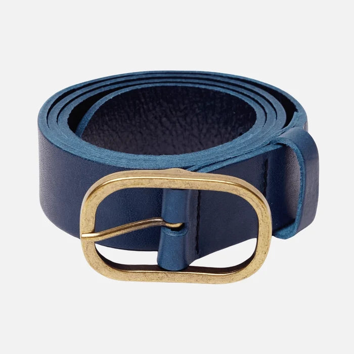 Marin Gold Oval Buckle Design Statement Leather Belt Women - Navy