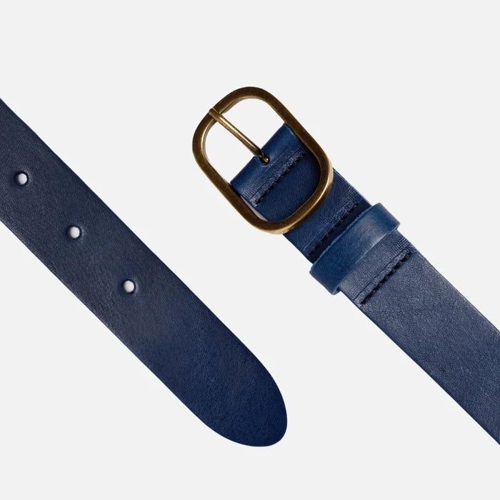 Marin Gold Oval Buckle Design Statement Leather Belt Women - Navy