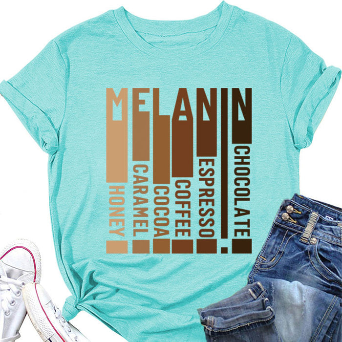 MELANIN Letter Round Neck Loose Casual Short Sleeve Ladies T-Shirt