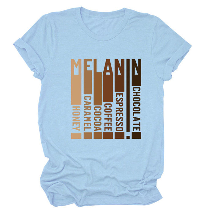 MELANIN Letter Round Neck Loose Casual Short Sleeve Ladies T-Shirt