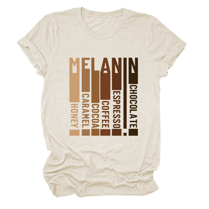 MELANIN Letter Round Neck Loose Casual Short Sleeve Ladies T-Shirt