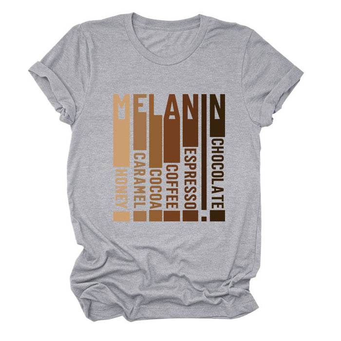 MELANIN Letter Round Neck Loose Casual Short Sleeve Ladies T-Shirt