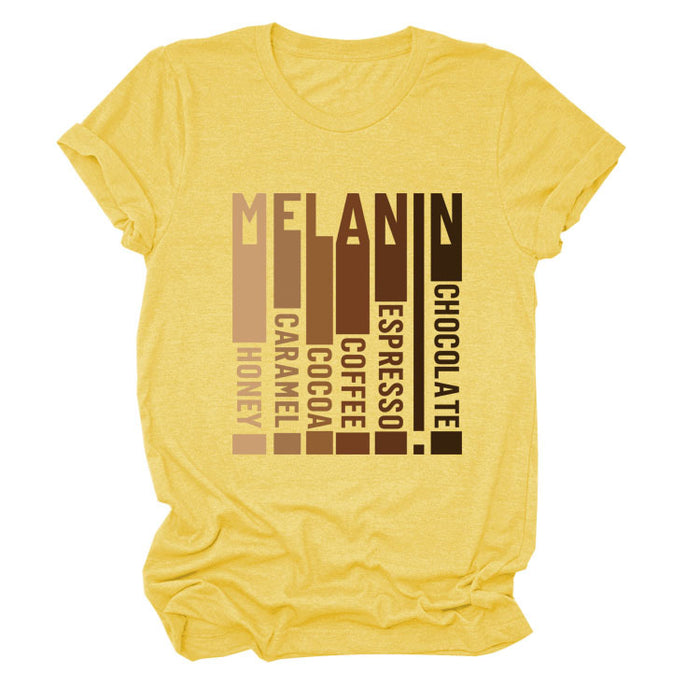 MELANIN Letter Round Neck Loose Casual Short Sleeve Ladies T-Shirt