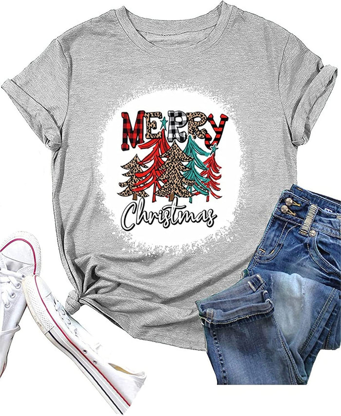 Merry Christmas T-Shirt Women Christmas Tree Gift Shirt