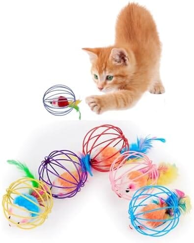 Metal Cage with Colourful Plush Mouse Toys Cat Toys Pet Clever