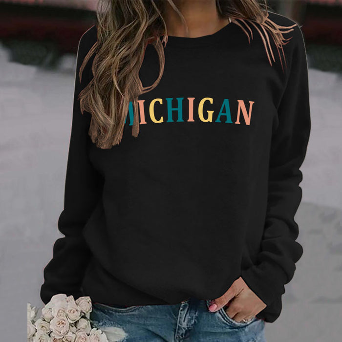 MICHIGAN Letter Fashion Women's Sweater Printing Round Neck Long Sleeve