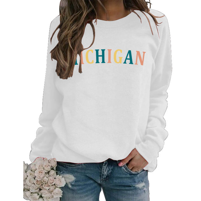 MICHIGAN Letter Fashion Women's Sweater Printing Round Neck Long Sleeve