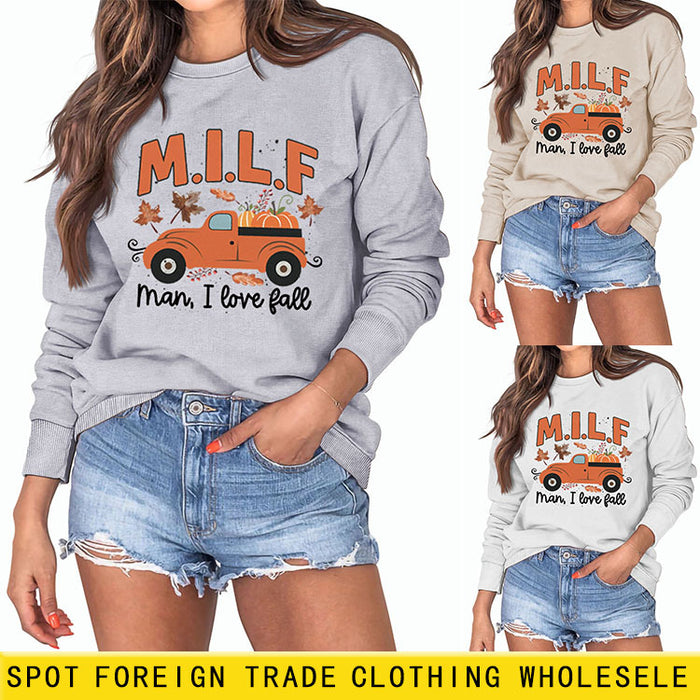 Milf Man I Love Fall Pumpkin Truck Print Long Sleeve Sweatshirt Woman