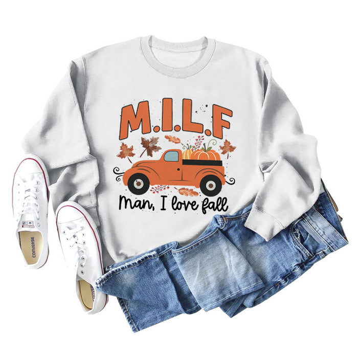 Milf Man I Love Fall Pumpkin Truck Print Long Sleeve Sweatshirt Woman