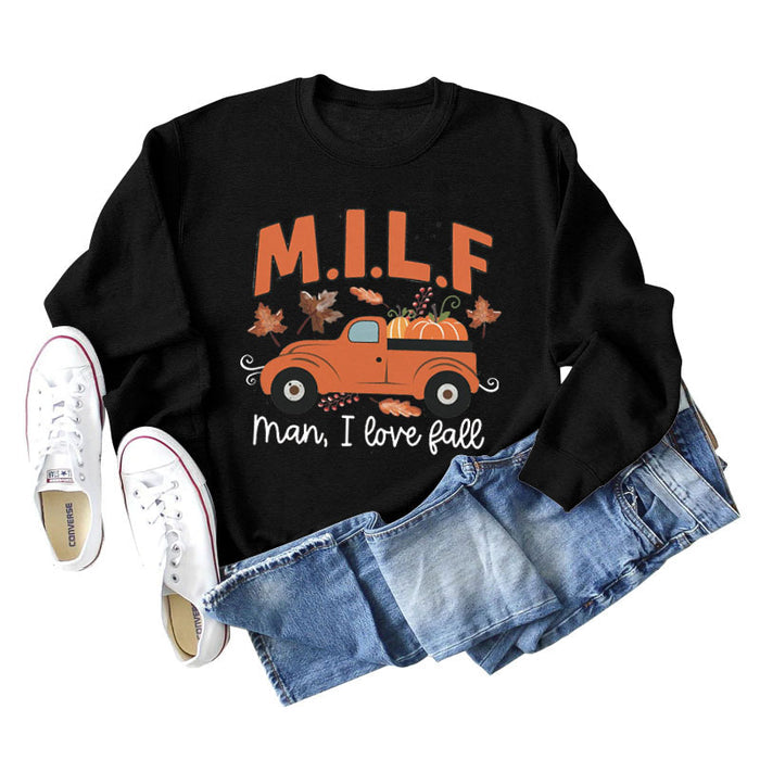 Milf Man I Love Fall Pumpkin Truck Print Long Sleeve Sweatshirt Woman