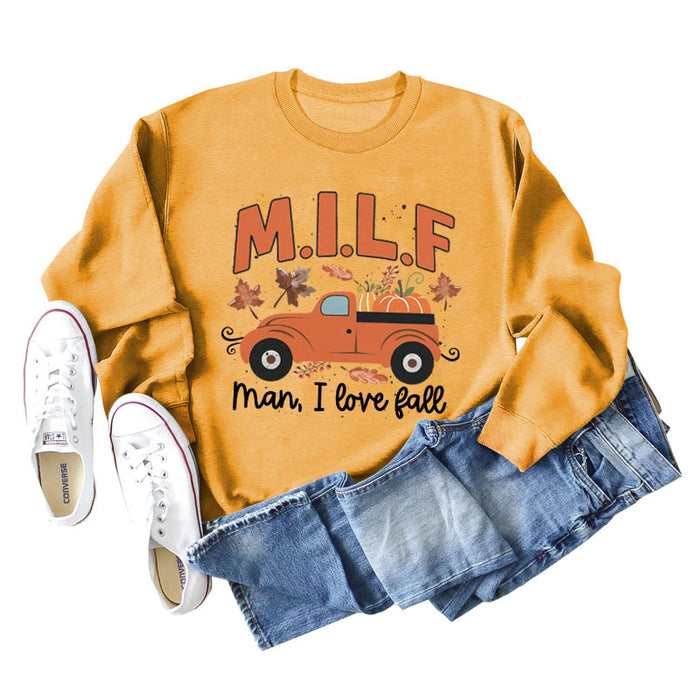 Milf Man I Love Fall Pumpkin Truck Print Long Sleeve Sweatshirt Woman