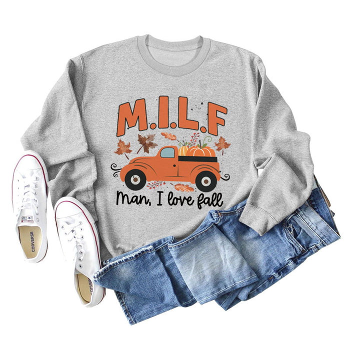 Milf Man I Love Fall Pumpkin Truck Print Long Sleeve Sweatshirt Woman