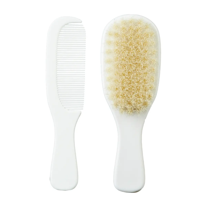 White baby hairbrush and comb set for newborns, perfect for bare mum postpartum