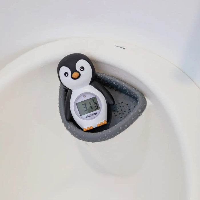 Penguin-shaped digital bath thermometer for safe baths, perfect with Toshi Baby Romper