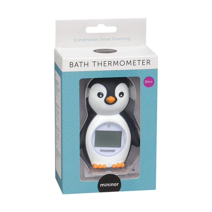 Penguin-shaped Mininor Bath Thermometer in packaging for your baby bath needs