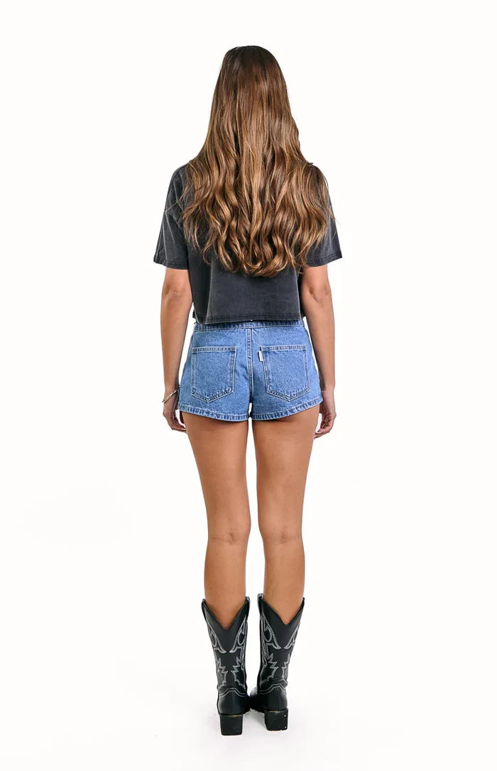 Mollie Mid Wash Denim Low Rise Stud Denim Shorts