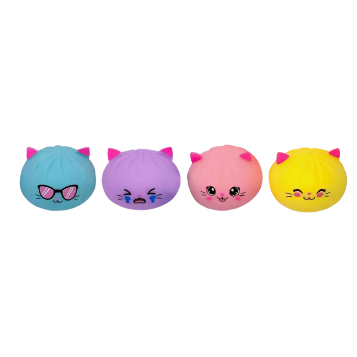 Four round cat-ear plush toys lined up in a row on a plain white background. From left to right, the colors are light blue with pink sunglasses, lavender purple with crying eyes, pink with a happy face, and bright yellow with winking eyes.