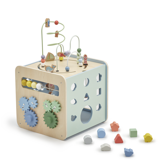 Wooden giant activity cube toy for babies by Toshi Baby, perfect with baby strollers