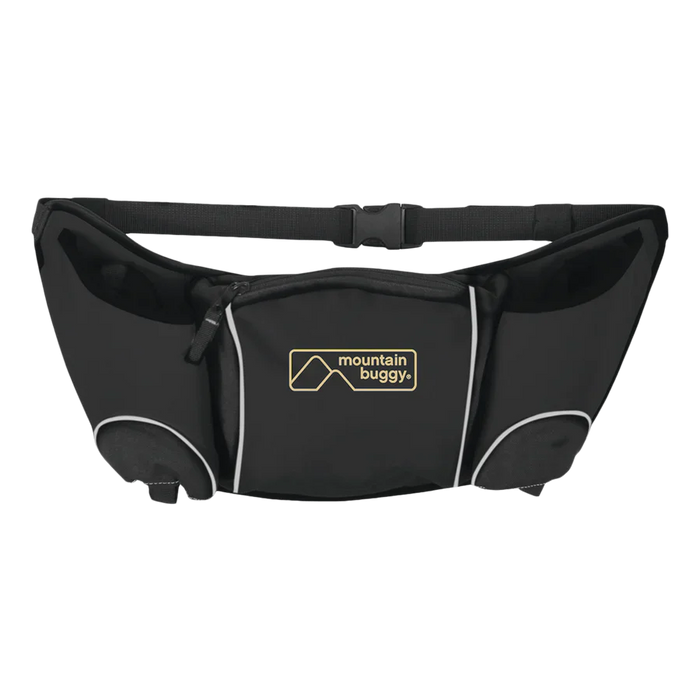 Black stroller organizer with white trim showing mountain buggy pouch and reflective safety trim