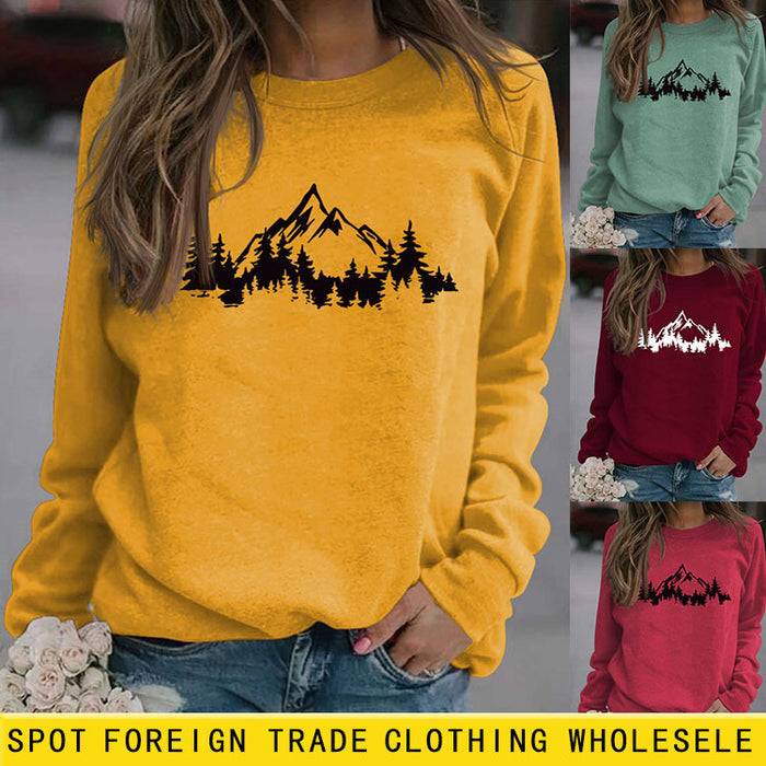 Mountain Pine Loose Print Round Neck Long Sleeve Women's Sweater