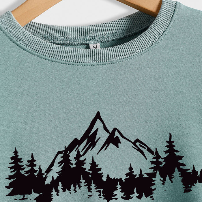 Mountain Pine Loose Print Round Neck Long Sleeve Women's Sweater