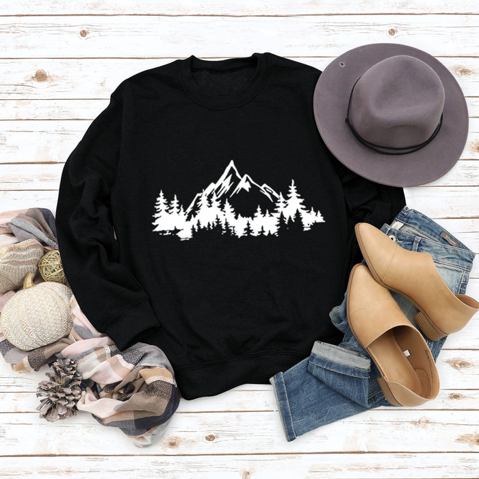 Mountain Pine Loose Print Round Neck Long Sleeve Women's Sweater