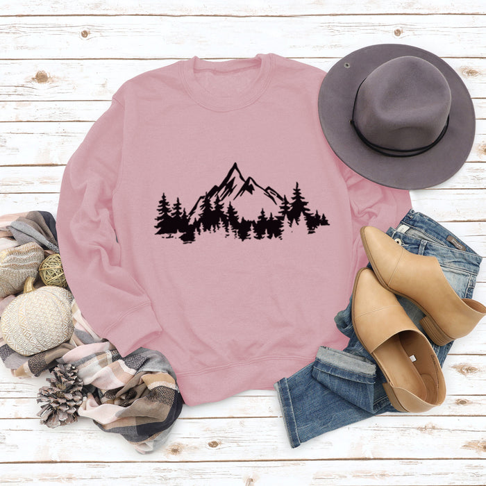 Mountain Pine Loose Print Round Neck Long Sleeve Women's Sweater