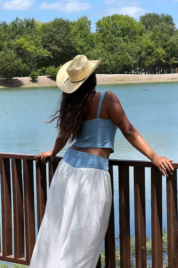 Beginning Boutique Mystic White Maxi Skirt white flowy maxi skirt with a wide blue contrast waistband