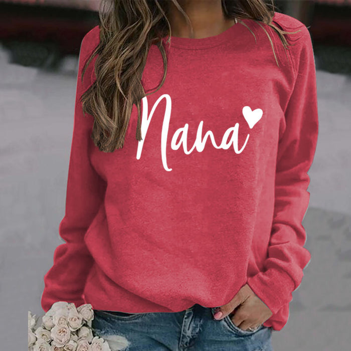 Nana Heart Letter Print Round Neck Long Sleeve Loose Plus Size Sweatshirt