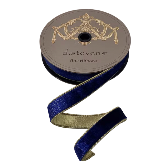 D. Stevens navy blue velvet wired ribbon with metallic gold reverse, 1 inch wide, available by the yard or 10-yard roll.