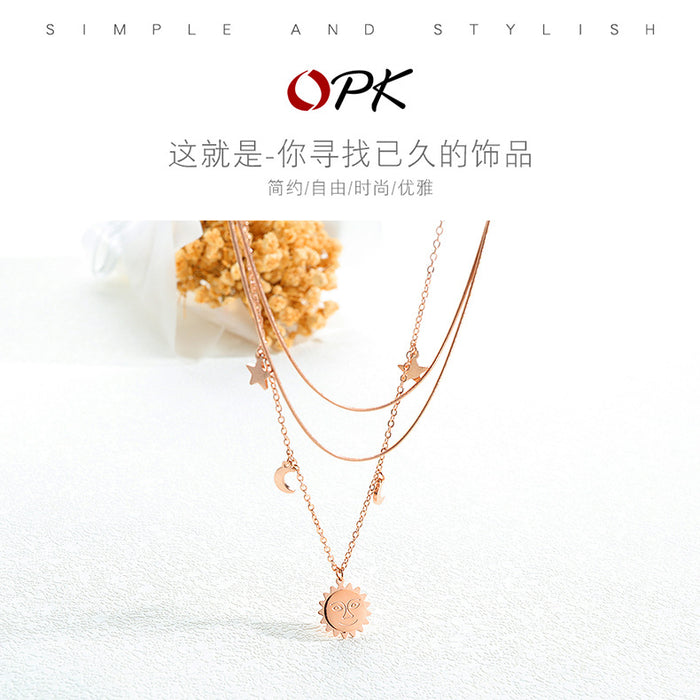 NEHZUS Round Piece Multi-layered Necklace Star and Moon Set Star and Moon Two In One Rose Gold Plated Clasp Chain