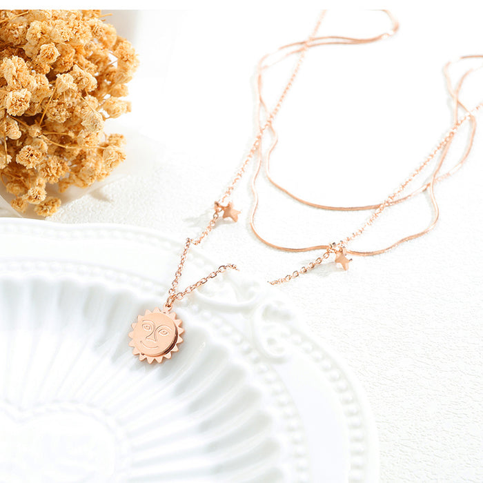 NEHZUS Round Piece Multi-layered Necklace Star and Moon Set Star and Moon Two In One Rose Gold Plated Clasp Chain